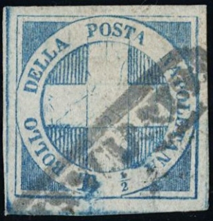 NAPOLI 1860 - 16a: Crocetta , 1/2 tornese azzurro chiaro pos.95 "ANNULLATO" in cartella