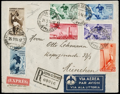 ITALIA REGNO 1934 - 357/361+PA69/72: Campionati mondiali di calcio su due buste raccomandate