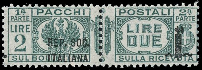 RSI 1944 - PP43a: Pacchi Postali 2l verde soprastampa 36 mm.
