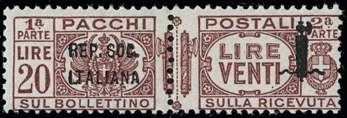 RSI 1944 - PP47a: Pacchi Postali 20l lilla bruno soprastampa 36 mm.