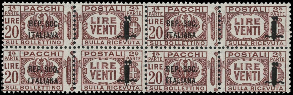 RSI 1944 - PP47a+47+47c: Pacchi Postali, 20L lilla bruno BL4 soprastampa 36 e 39 mm