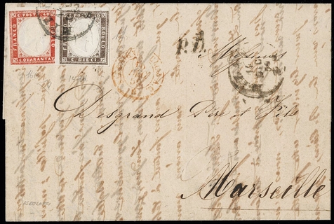 SARDEGNA 1855/58 - 14Ad+16B: 10c seppia + 40c rosso mattone su lettera per Marsiglia