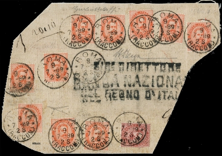 ITALIA REGNO 1879 - 38+40: Umberto I, 2L vermiglio 10 esemplari + 10c carminio annullati su frontespizio di plico telato