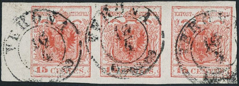 LOMBARDO VENETO 1850 - 05b: 15c rosa carminio intenso ST3 BdF da "VERONA 16/4"