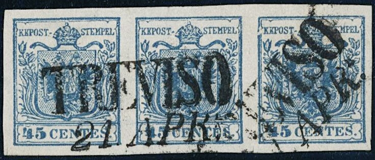 LOMBARDO VENETO 1850 - 11b: 45c azzurro verdastro scuro  ST3 da "TREVISO 21 APR"