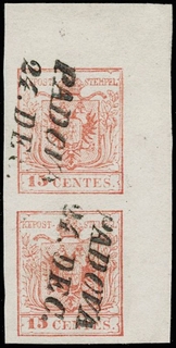 LOMBARDO VENETO 1850 - 20: 15c rosso vermiglio coppia verticale AdF da "PADOVA 24 DEC."