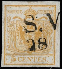LOMBARDO VENETO 1850 - 01a: 5c giallo annullato "S.V 28"