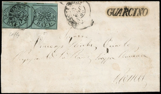 PONTIFICIO 1852 - 02B: 1b verde scuro coppia verticale da "GUARCINO" su lettera per Roma