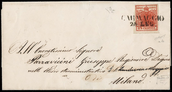 LOMBARDO VENETO 1850 - 04c: 15c rosso fuoco da "CARAVAGGIO 28 LUG." su lettera per Milano