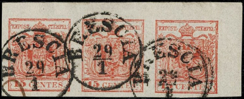 LOMBARDO VENETO 1850 - 06+6d: 15c ST3 due esemplari annullati "BRESCIA 29/1" e "MONZA 5 GEN"