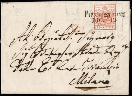 LOMBARDO VENETO ANNULLI 1850 - 03: 15c BdF su lettera da "PIZZIGHETTONE DIC.12" a Milano