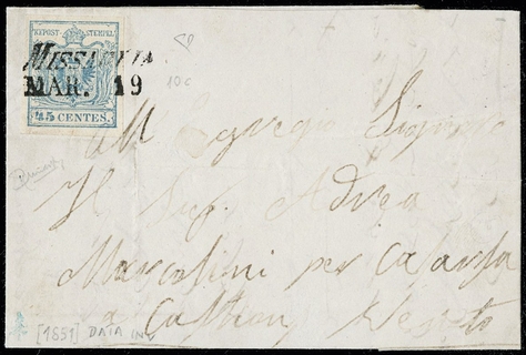LOMBARDO VENETO ANNULLI 1850 - 10c: 45c azzurro chiaro su lettera da "MISSAGLIA MAR.19" a Casarsa