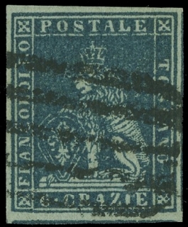 TOSCANA 1851 - 07: 6 crazie ardesia su grigio annullato con bollo a cinque sbarre