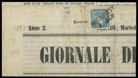 AUSTRIA 1851 - 1/I+Pt.4: Francobolli per giornali, 3kr azzurro grigio da"ROVERETO 5 AUG"