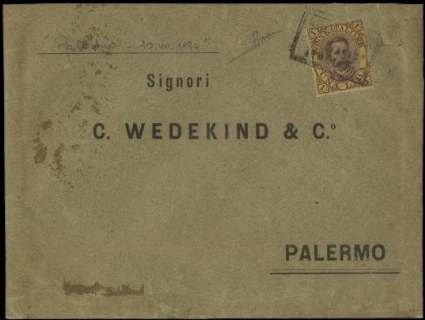 TUNISI 1889 - 48: 1L bruno e giallo isolato su lettera per Palermo