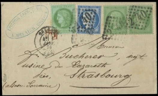 FRANCIA 1871 - 35+53+60B: 5c verde pallido su blu più 5c verde giallo su azzurro e 25c blu da "ORLEANS 1 JANV.74" a Strasburgo