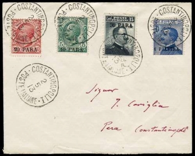 LEVANTE 1913 - Ufficio postale Italiano a Costantinopoli: 10p/5c verde, 20p/10c rosso, 30p/15c grigio e 1 piastra/30c azzurro su lettera