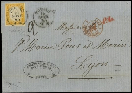 SARDEGNA 1858 - 17Da: 80c giallo su lettera da "TORINO 16 NOVE 63" a Lione