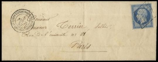 PONTIFICIO 1857 - 14I: Occupazione di Roma, Francia 20c azzurro Napoleone III su lettera per Parigi
