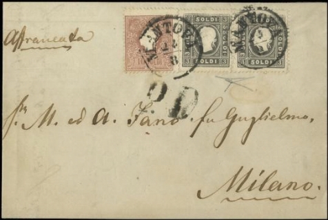 LOMBARDO VENETO 1858 - 29b+31: 3s grigio coppia orizzontale +10s bruno su lettera per Milano