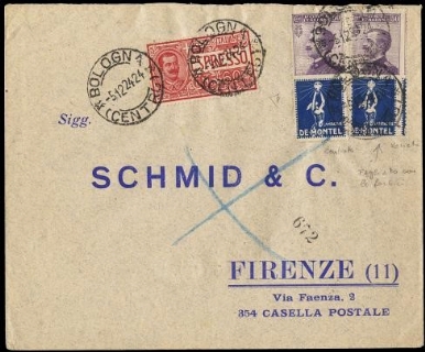 ITALIA REGNO 1924 - PUB12+12de: Pubblicitari, 50c violetto e azzurro "De Montel" 2 esemplari + Espresso su busta per Firenze