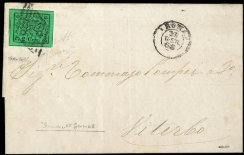 PONTIFICIO 1867 - 13: 2c verde giallo su lettera per Viterbo