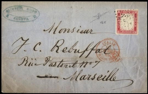 SARDEGNA 1855/63 - 16E: 40c rosa carminio su lettera per Marsiglia