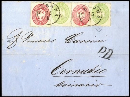 LOMBARDO VENETO 1863 -  37+37c+38: 3s verde due esemplari e 5s. rosa due esemplari su lettera per Cernusco