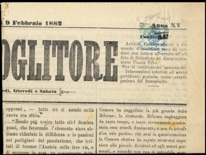 AUSTRIA 1877 - SG1/I: Segnatasse per giornali, 1kr azzurro, III tipo, su "IL RACCOGLITORE" del 9 febbraio 1882, frode postale