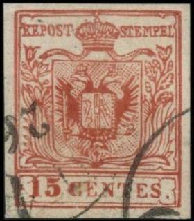 LOMBARDO VENETO 1857- F3a: Falsi per servire, 15c rosso vermiglio I tipo annullato