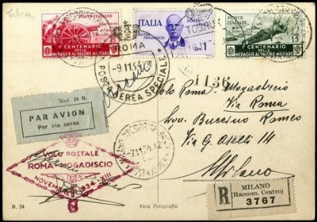 ITALIA REGNO 1934 - PA83: Volo Roma Mogadiscio 1L violetto su aerogramma