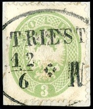 LOMBARDO VENETO 1863 - 37: 3s verde, usato in Austria su frammento