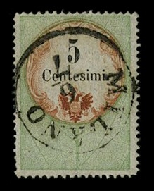 LOMBARDO VENETO 1854 - 01: Marche da bollo, 5c verde, bruno arancio e nero annullato "MILANO 6/7"