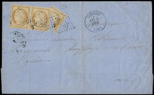FRANCIA 1870 - 36: Cerere 10c bistro giallo coppia ed esemplare frazionato diagonalmente a metà , annullati con bollo a grandi cifre "2086" su lettera da "LORMES (56) 1 OCT" 1871 per Guise