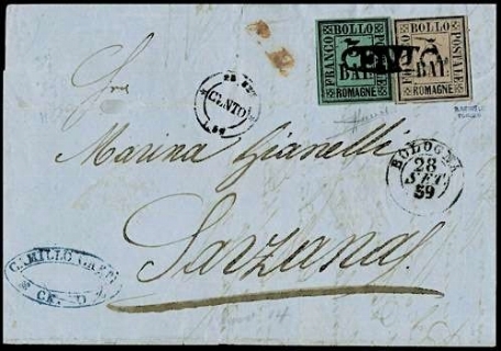 ROMAGNE 1859 - 3 baj verde scuro + 5 baj violetto su lettera per Sarzana