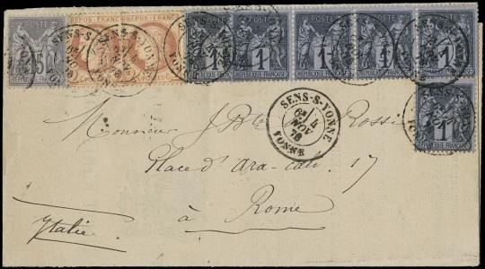 FRANCIA 1878 - 51+77+83: Frode Postale, 2c, 15c e 1c sei esemplari da "SENS-S-YONNE 4 NOV 76" per l'Italia