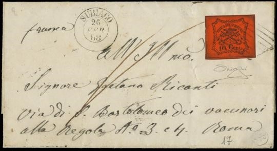 PONTIFICIO 1868 - 10c vermiglio arancio su lettera franca da "SUBIACO 26 FEB 68" a Roma