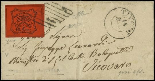 PONTIFICIO 1868 - 17+pt.5: 10c vermiglio arancio su lettera da "TIVOLI 14 MAR" (RM)