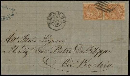 PONTIFICIO 1870: TO17+pt.7 - Regno d'Italia 10c coppia verticale giallo ocra su lettera per Civitavecchia