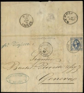 PONTIFICIO 1863 - 12+pt.12: Italia Regno 15c azzurro su lettera da "ANCONA - NAPOLI PIROS. POST. 2 AGO. 63" per Genova