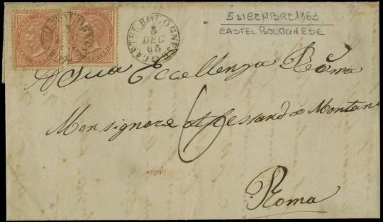 ROMAGNE ANNULLAMENTI 1863 - L17c: Regno d'Italia 10c due esemplari su lettera da "CASTEL BOLOGNESE 5 DEC. 63" a Roma