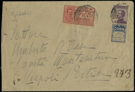 ITALIA REGNO 1924/25 - PUB10: Pubblicitari, 50c violetto e azzurro "Coen" e Espresso 60c su lettera