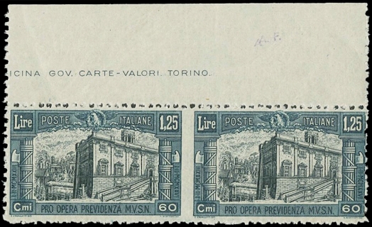 ITALIA REGNO 1926 - 208c: 1,25L+60c ardesia e nero coppia orizzontale BdF non dentellata in mezzo