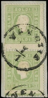 LOMBARDO VENETO 1862 - 35: 3s verde giallo coppia su frammento annullato "VENEZIA 7/1"