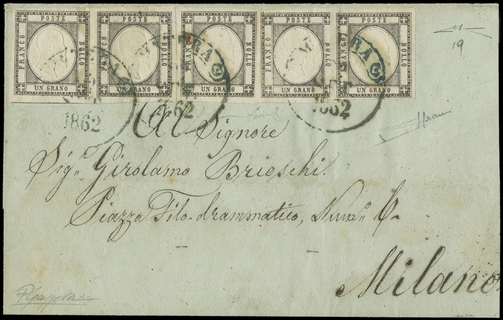 PROVINCE NAPOLETANE 1861 - 19: 1gr nero, cinque esemplari su involucro di lettera per Milano