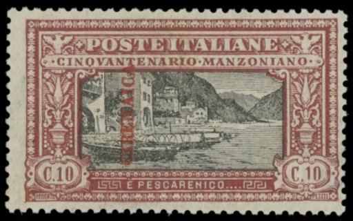 COLONIE ITALIANE 1924 - CIRENAICA P4: Manzoni, saggio 10c carminio e nero