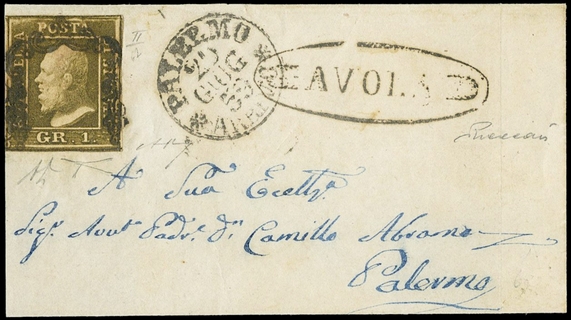 SICILIA 1859 - 04b: 1gr verde oliva grigiastro su parte di lettera per Palermo