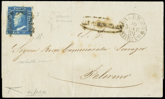 SICILIA 1859 - 06c: 2gr cobalto scuro su lettera indirizzata a Palermo