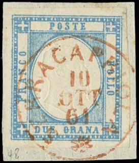 NAPOLI PROVINCE 1861 - 20: 2gr azzurro chiaro da "SERRACAPRIOLA 10 OTT 61"