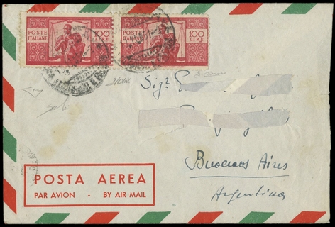 ITALIA 1951 - F565B: Democratica 100L carminio falso per servire coppia su lettera per Buenos Aires